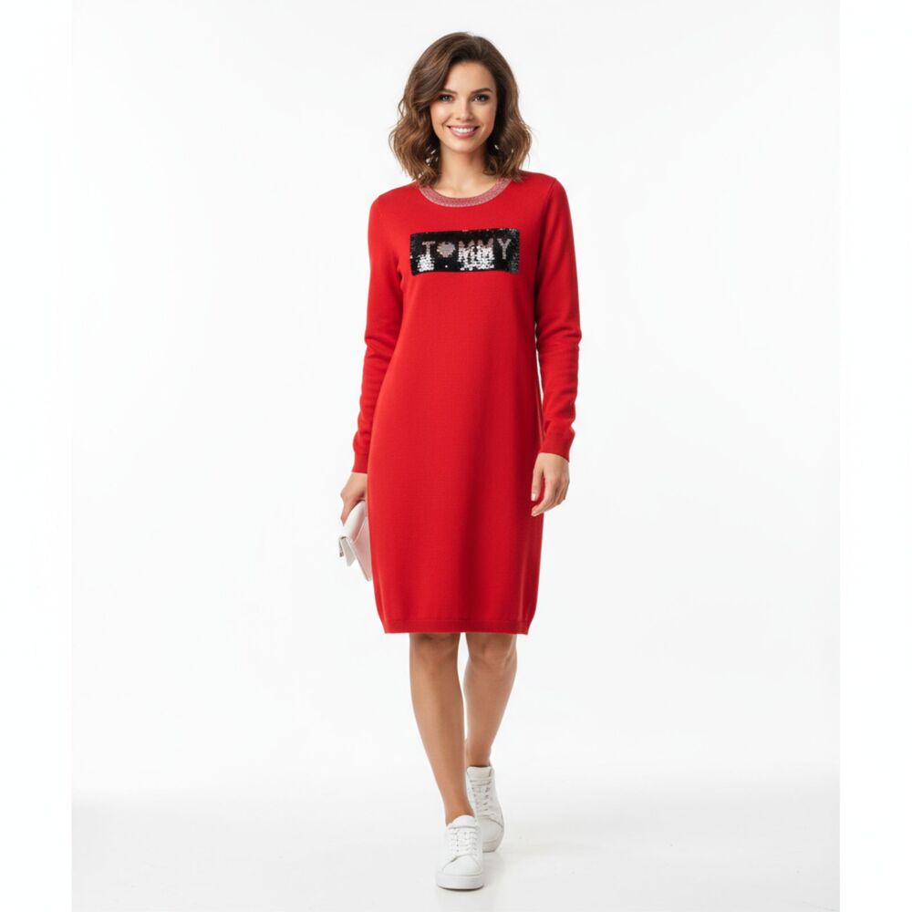 Tommy Hilfiger Red Knit Long Sleeve Sequins Logo Dress NEW L